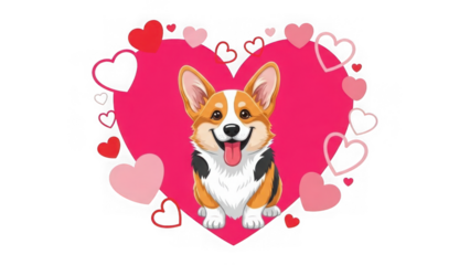 Playful corgi in a heart-shaped frame isolated on transparent background
