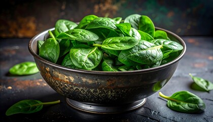 Fresh Spinach Leaves in a Vintage Bowl.