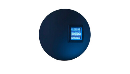 A floating sphere with a square window displaying static on a black backdrop