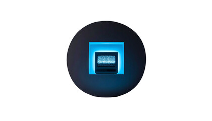 A glowing, stylized orb showcasing a vintage computer screen with static