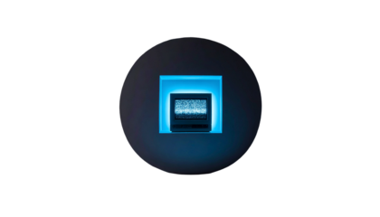 A glowing, stylized orb showcasing a vintage computer screen with static