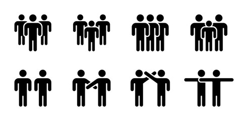 Human & people icon set. Person, group of people, team, teamwork concept. Figures in different poses. Black sign, symbol collection. Editable stroke. Vector illustration. Flat design.