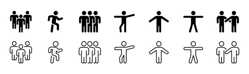 Human & people icon set. Person, group of people, team, teamwork concept. Figures in different poses. Black line sign, symbol collection. Editable stroke. Vector illustration. Flat design.