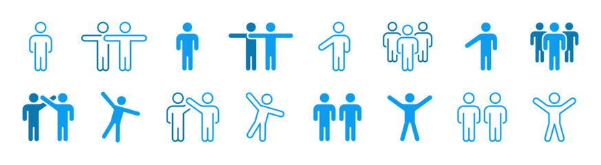 Human & people icon set. Person, group of people, team, teamwork concept. Figures in different poses. Blue line sign, symbol collection. Editable stroke. Vector illustration. Flat design.