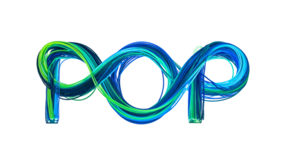 Swirling blue/green word "POP" in a dynamic, brushstroke style on black