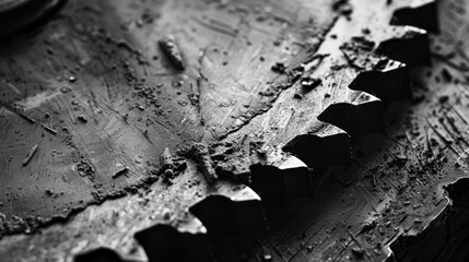 A closeup of a weathered saw blade with chipped teeth and faded markings. Black and white art