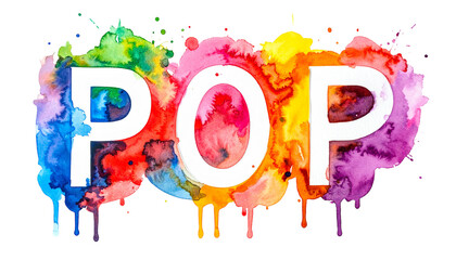 Colorful watercolor text "POP" with vivid paint splashes against a black background