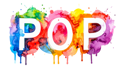 Colorful watercolor text "POP" with vivid paint splashes against a black background