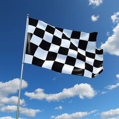 Obraz premium Checkered racing flag waving on a metal pole against a blue sky
