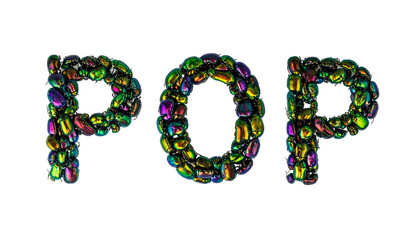 Word "POP" spelled out with beetle shell-like iridescent textures on black