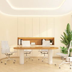 A minimalist workspace interior decorated in cream tones, accented with wooden shelves and warm lighting. 3d rendering