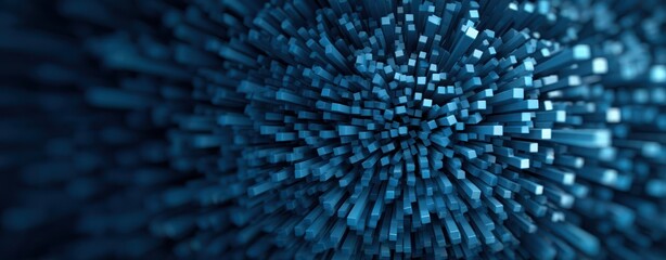Dense radial geometric structure made of dark blue square columns creating an abstract technological Efficient Signal Concept