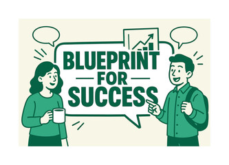 Naklejka premium Blueprint for Success. Blueprint for Success banner, flat vector illustration, bold oversized text inside sticker outline banner, cartoon characters pointing