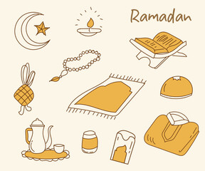 Hand-drawn Ramadan Kareem icon set featuring prayer mats, Quran, rosary beads, lanterns, crescent moon, dates, tea, and traditional food. Perfect for posters, flyers, social media posts, greeting card