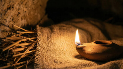 Ancient clay oil lamp with flame on straw