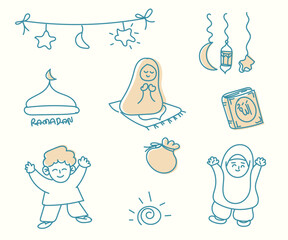 Cute hand-drawn Ramadan doodle icons including children, lanterns, prayer rugs, decorations, moon and stars, and festive elements. Ideal for greeting cards, classroom activities, stickers, posters, an