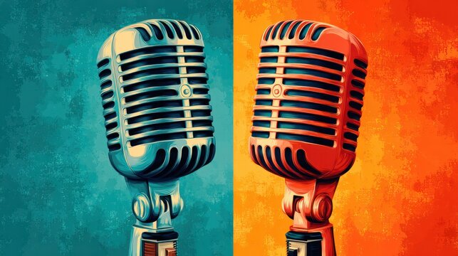 Two contrasting retro microphones stand side by side against dual colored grunge walls Analog Content Airwave