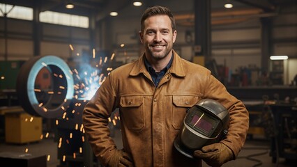 Confident smiling male welder holding helmet in industrial factory. Professional craftsman portrait in metal workshop with welding sparks in background