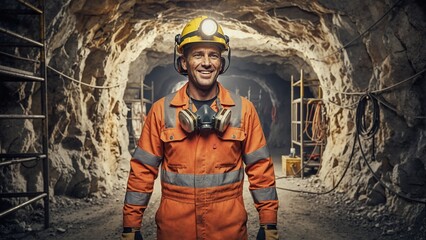 Portrait of smiling miner wearing hard hat with headlamp. Professional industrial worker standing in underground mine tunnel. Heavy industry and manual labor concept
