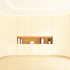 A minimalist empty room interior decorated in cream tones, accented with wooden shelves and warm lighting. 3d rendering