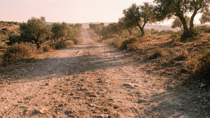 Dusty rural road lined with olive trees at sunset