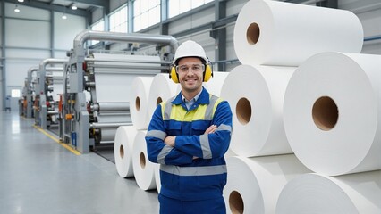 Confident male worker in paper manufacturing factory. Industrial engineer in safety gear posing by large paper rolls