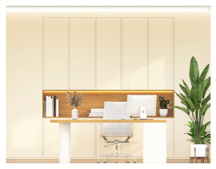 A front view of a minimalist workspace interior decorated in cream tones, accented with wooden shelves and warm lighting. 3d rendering