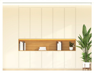 A front view of a minimalist empty room interior decorated in cream tones, accented with wooden shelves and warm lighting. 3d rendering