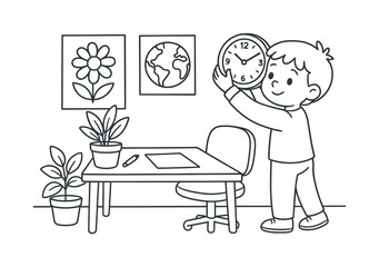 Fototapeta premium Kids' Cozy Office Coloring. Decorating a workspace children?s coloring book illustration, outlined drawing, child adding plants, posters, and a clock to make
