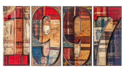 Vintage wooden blocks form "1997" with textured plaid patterns
