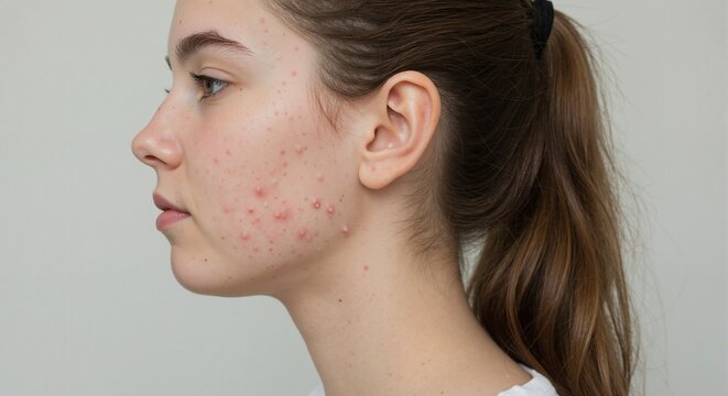 Profile of young woman with acne and problem skin on her face. Close-up of teenager with pimples and inflammation for dermatology concept