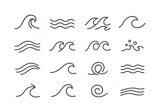 Ocean Rhythm Icons. Ocean Rhythms. Line icon set of Ocean Rhythms: wave beat, repeating ripple, swell pattern, curved tide, flowing arc, double crest, looped
