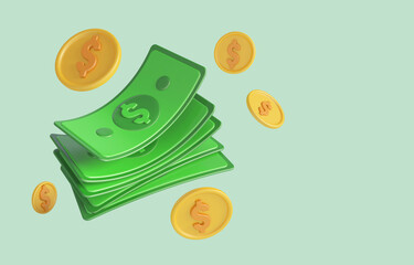 Dollar bills and gold coins falling, representing finance and wealth