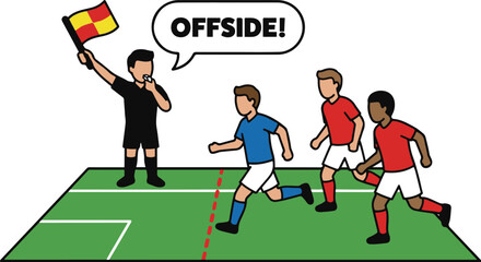 Soccer offside rule illustration depicting a linesman signaling a violation with a flag and whistle, featuring players and a speech bubble, vector illustration.