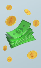 3d flying dollar banknotes and golden coins