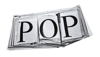 Stacked newsprint pages, individual letters spell out the word "POP" in black