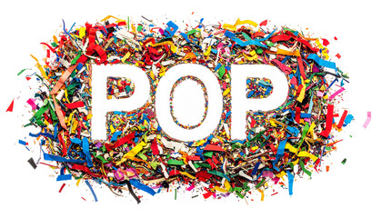 Bold white "POP" text emerges from a vibrant confetti background