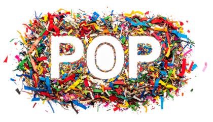 Bold white "POP" text emerges from a vibrant confetti background