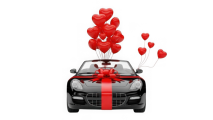 Romantic car with heart balloons isolated on transparent background