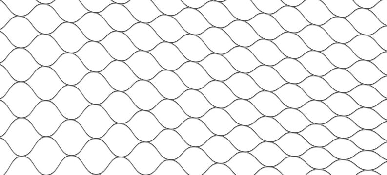 Wire mesh fence isolated on white background. Mesh texture for fishing nets. Seamless black pattern for sportswear or soccer goal, volleyball net, basketball hoop, hockey, athletics.