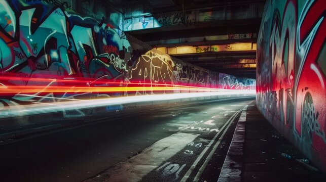 The bright lights of a city at night illuminate the raw beauty of graffiti walls enhanced by the vibrant light trails left behind by cars driving through. - Powered by Adobe