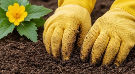 Hands wearing yellow gardening gloves carefully planting a seedling in rich, dark soil outdoors.