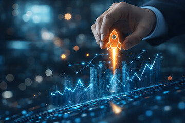 Hand holding glowing rocket icon over digital financial graph background representing business startup launch and rapid economic acceleration concept