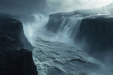 Obraz premium Majestic waterfalls cascade into a misty river valley during twilight hours