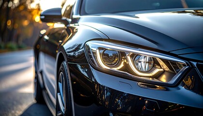 Close-up of a sleek black luxury cars headlights on a scenic road.