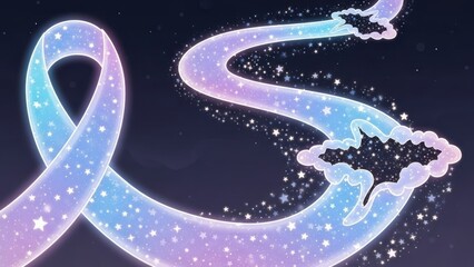 Ethereal luminous ribbon path weaving through a starry cosmic night sky with whimsical cloud