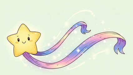 Charming little star character with a whimsical pastel rainbow ribbon tail and sparkling magic