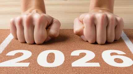 person's hand, target, block, 2026, Future, Success, Triumph of Success: Person Hand Pushing Final Block Across Finish Line Labeled 2026, Symbolizing Victory and Achievement