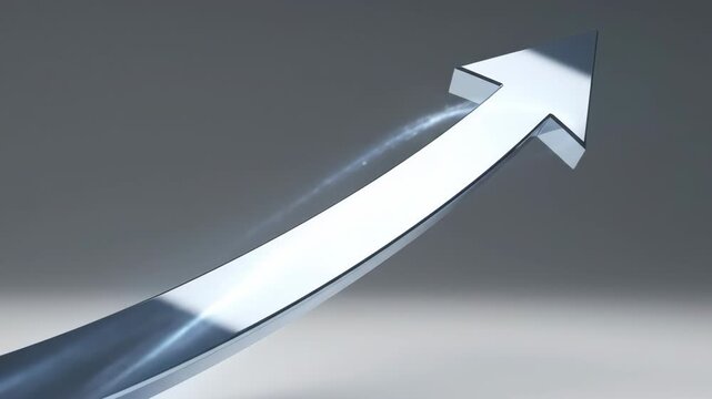 Dynamic close-up of a sleek metallic arrow soaring upward against a smooth gradient background, symbolizing growth and progress with a futuristic design and reflective surface in soft lighting