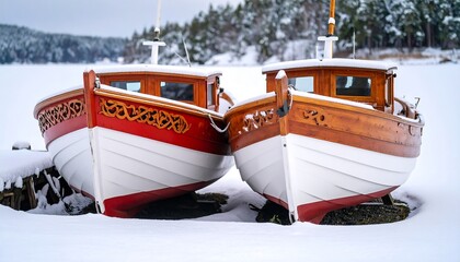 Two charming, classic wooden boats with ornate carvings are docked in a snowy landscape, front to front, facing the viewer